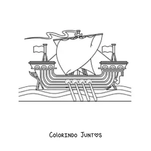 Desenho para colorir de um navio viking no mar com remos e varias velas