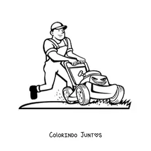 Desenho para colorir de caricatura de um jardineiro cortando a grama