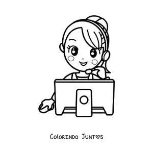 Desenho para colorir de secretaria kawaii falando ao telefone em frente ao computador