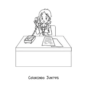 Desenho para colorir de secretaria animada falando ao telefone em seu escritorio