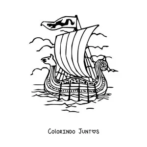 Desenho para colorir de um navio viking no mar com remos e uma proa com cabeca de animal