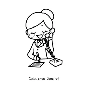 Desenho para colorir de caricatura de uma secretaria falando ao telefone em seu escritorio