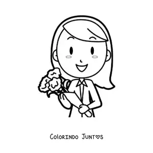 Desenho para colorir de secretaria animada com buque de flores no Dia da Secretaria