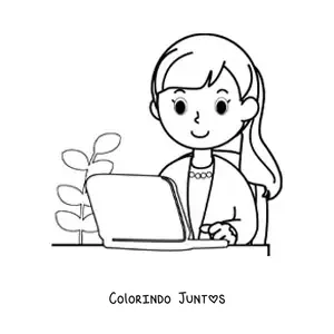 Desenho para colorir de secretaria animada facil trabalhando em um laptop no escritorio