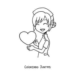 Desenho para colorir de enfermeira kawaii animada com um coracao