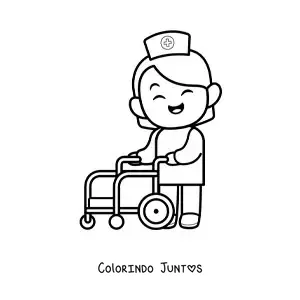 Desenho para colorir de enfermeira animada com uma cadeira de rodas