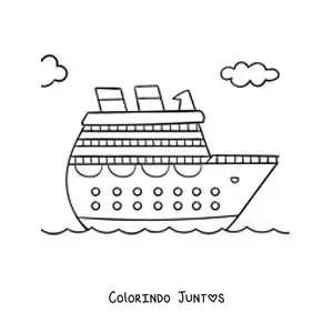 Desenho para colorir de um navio de cruzeiro no mar com nuvens ao fundo