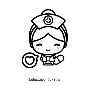 Desenho para colorir de enfermeira kawaii com um coracao