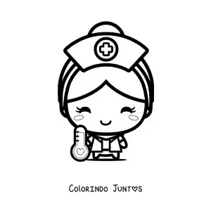 Desenho para colorir de enfermeira kawaii com um termometro