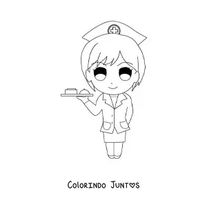 Desenho para colorir de enfermeira animada com uma bandeja