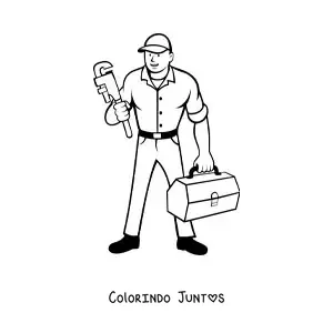 Desenho para colorir de encanador animado com uma chave inglesa e uma maleta