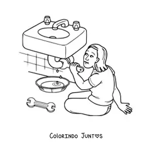Desenho para colorir de mulher encanadora consertando um cano do banheiro