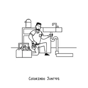 Desenho para colorir de encanador animado trabalhando em uma pia