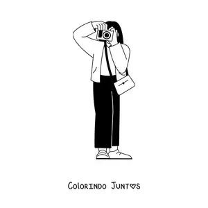 Desenho para colorir de garota tirando uma foto com uma camera fotografica