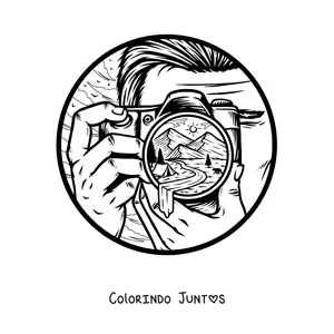 Desenho para colorir de homem tirando uma foto de uma paisagem com uma camera fotografica
