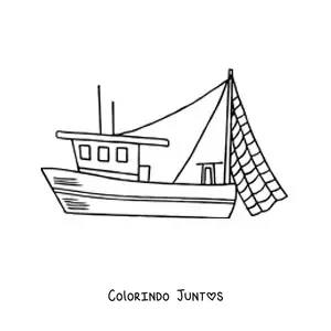 Desenho para colorir de um barco de pesca com uma rede