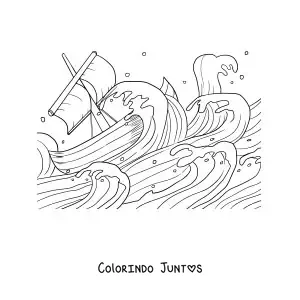 Desenho para colorir de um barco no meio de uma tempestade