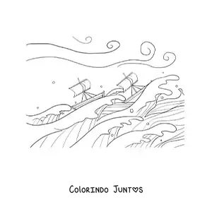 Desenho para colorir de dois barcos no meio de uma tempestade