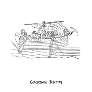 Desenho para colorir de um navio antigo com tripulantes no mar