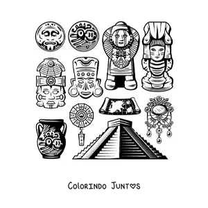 Desenho para colorir de pirâmide e arte maia