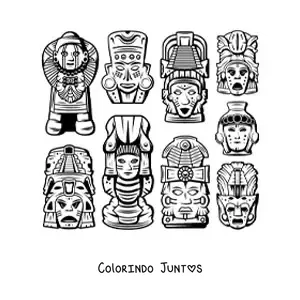 Desenho para colorir de máscaras e artesanatos maias