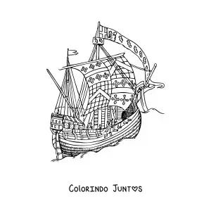 Desenho para colorir de um navio antigo no mar com cruzes nas velas