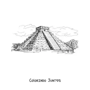 Desenho para colorir de templo de Kukulcán em Chichén Itzá