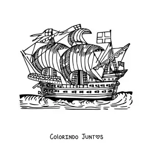Desenho para colorir de um navio antigo no mar