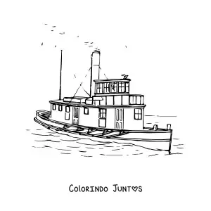 Desenho para colorir de um barco rebocador a vapor no mar