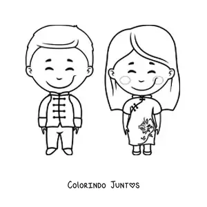 Desenho para colorir de casal chinês animado