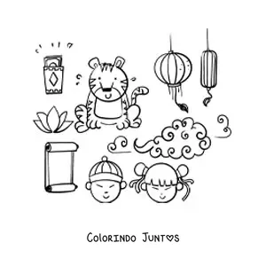 Desenho para colorir de elementos da cultura chinesa animados