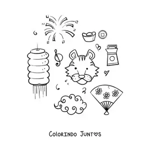 Desenho para colorir de elementos da cultura chinesa kawaii