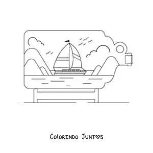 Desenho para colorir de um barco no mar com nuvens dentro de uma garrafa