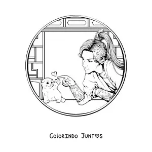 Desenho para colorir de linda guerreira chinesa com um gato