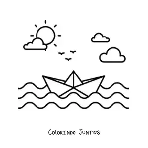 Desenho para colorir de um barco de papel no mar