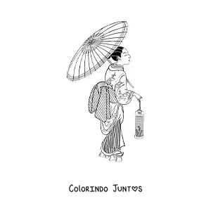 Desenho para colorir de mulher chinesa com sombrinha