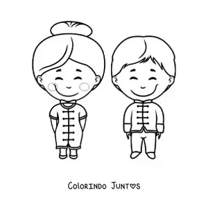 Desenho para colorir de homem e mulher chinesa com traje tradicional