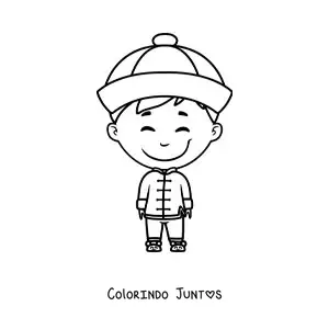 Desenho para colorir de menino chinês com traje tradicional