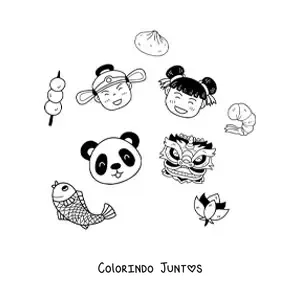 Desenho para colorir de crianças chinesas kawaii com um panda e uma máscara chinesa