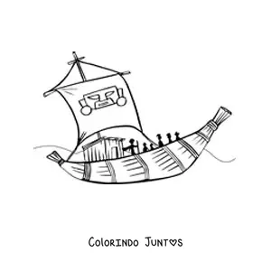 Desenho para colorir de um barco inca com tripulantes no mar
