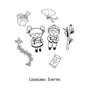 Desenho para colorir de crianças chinesas kawaii com elementos da cultura chinesa