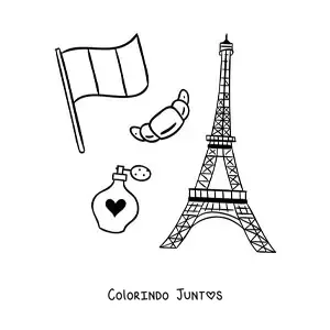 Desenho para colorir de torre Eiffel e bandeira da França