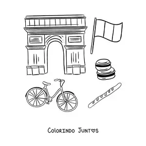 Desenho para colorir de Arco do Triunfo de Paris e bandeira da França