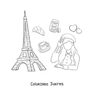 Desenho para colorir de torre Eiffel e garota francesa