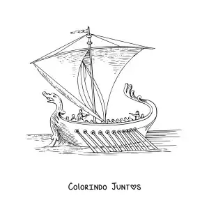 Desenho para colorir de um navio romano antigo com uma proa de serpente no mar