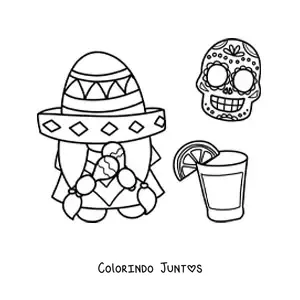 Desenho para colorir de gnomo animado com sombrero mexicano e tequila