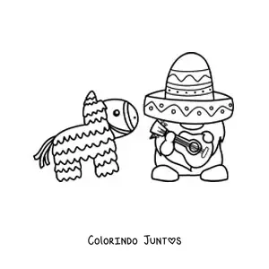 Desenho para colorir de gnomo animado com sombrero mexicano e pinhata