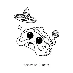Desenho para colorir de taco mexicano kawaii animado com sombrero e maracá