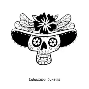 Desenho para colorir de caveira mexicana com sombrero
