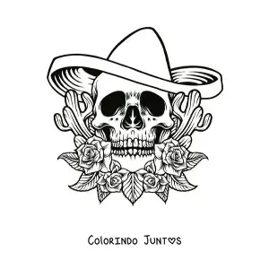 Desenho para colorir de caveira com sombrero mexicano